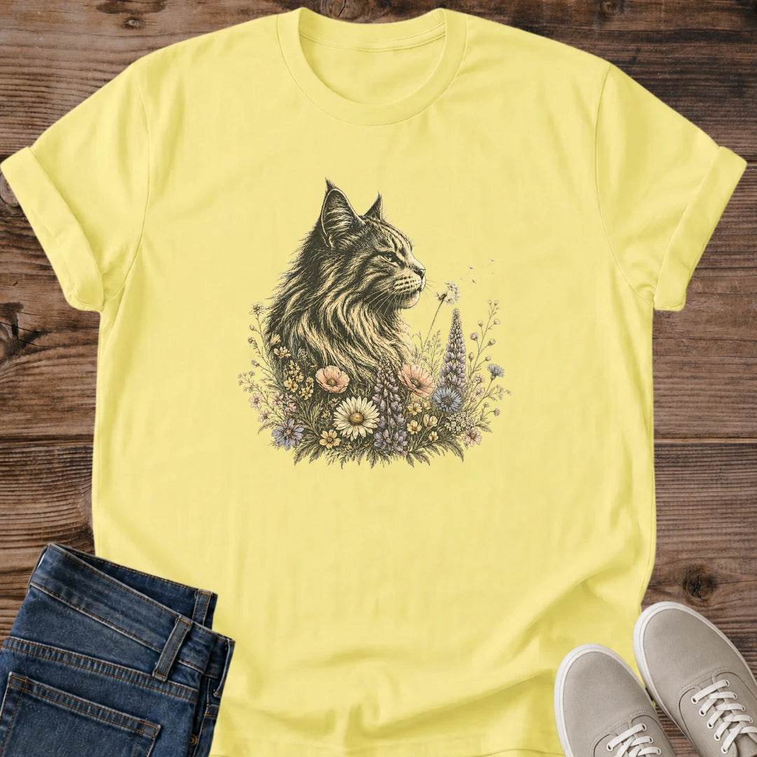 Artistic Cat Shirt Floral Botanical Design Long Haired Feline Illustration Wildflower Nature Frame Soft Breathable Cotton Tee Crew Neck Comfortable Fit Perfect Cat Lover Gift Animal Owner Present Casual Everyday Wear Fashion Nature Inspired