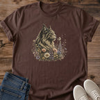 Cat Lover Gift Shirt Floral Botanical Design Long Haired Feline Illustration Wildflower Frame Artwork Soft Cotton Tee Breathable Fabric Crew Neck Style Lightweight Comfortable Fit Perfect Present Cat Owner Animal Enthusiast Casual Daily