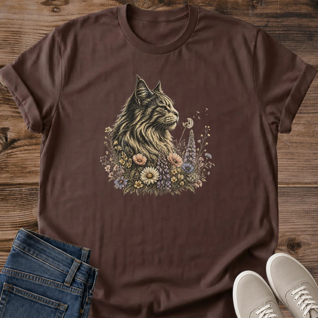 Cat Lover Gift Shirt Floral Botanical Design Long Haired Feline Illustration Wildflower Frame Artwork Soft Cotton Tee Breathable Fabric Crew Neck Style Lightweight Comfortable Fit Perfect Present Cat Owner Animal Enthusiast Casual Daily