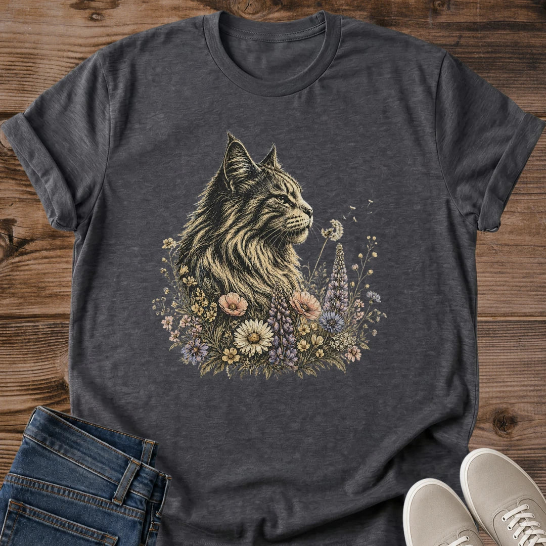 Wildflower Cat Shirt Heather Military Green Botanical Cat Portrait Tee Fluffy Long Haired Cat With Meadow Flowers Graphic Vintage Floral Cat Shirt Cottagecore Cat Tee Cat Mom Gift Gildan 64000 Softstyle Unisex Cat Whisker Co