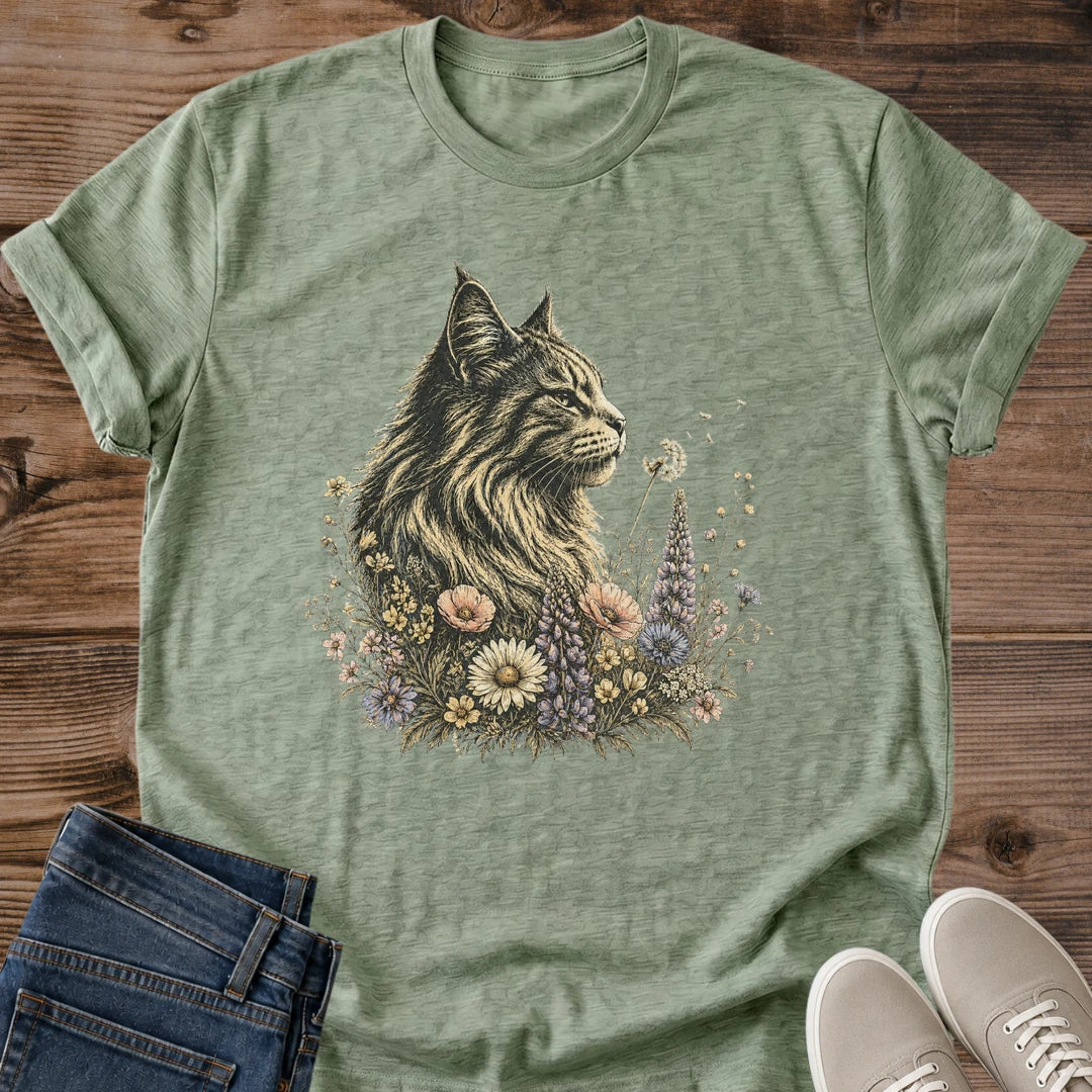 Wildflower Cat Shirt Heather Military Green Botanical Cat Portrait Tee Fluffy Long Haired Cat With Meadow Flowers Graphic Vintage Floral Cat Shirt Cottagecore Cat Tee Cat Mom Gift Gildan 64000 Softstyle Unisex Cat Whisker Co