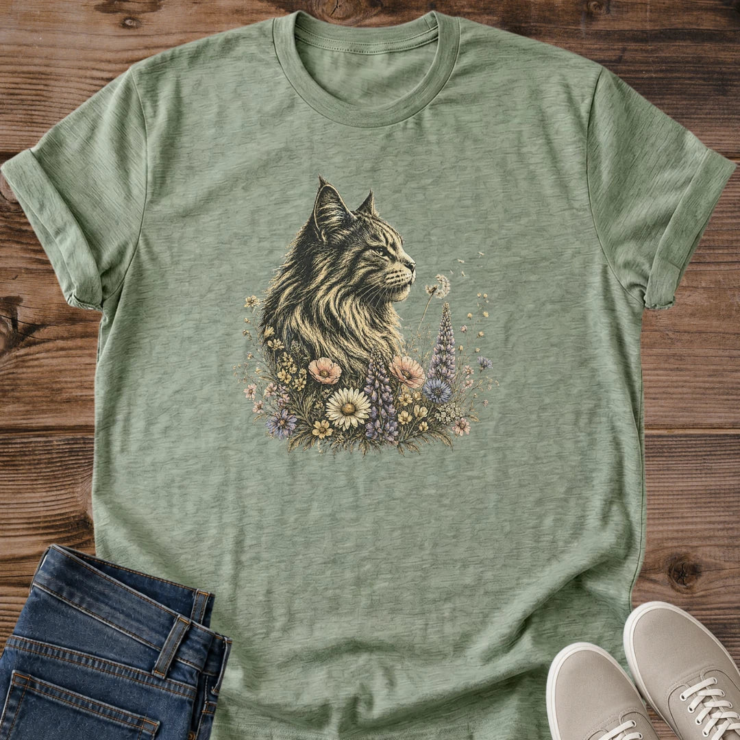 Nature Inspired Apparel Floral Botanical Cat Shirt Long Haired Feline Illustration Wildflower Design Frame Soft Cotton Tee Breathable Fabric Crew Neck Comfortable Fit Cat Lover Gift Perfect Present Animal Owner Casual Daily Wear Artistic
