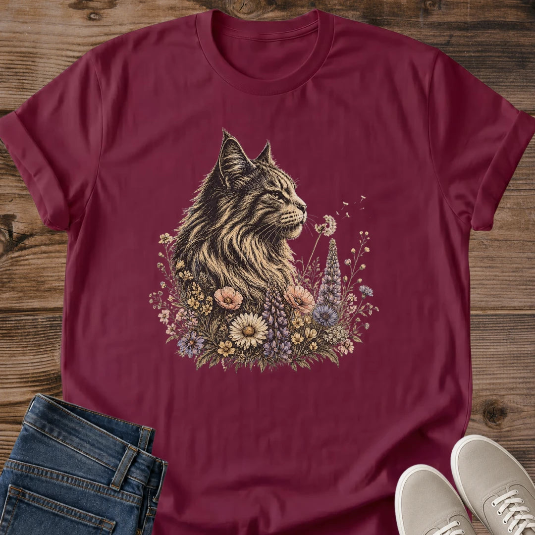 Botanical Cat Shirt Wildflower Cat Tee Majestic Fluffy Cat Among Daisies Lavender And Wildflowers Illustration Soft Muted Floral Art Nature Lover Shirt Cat Owner Gift For Her Cat Dad Tee Soft Cotton Unisex Shirt Cat Whisker Co