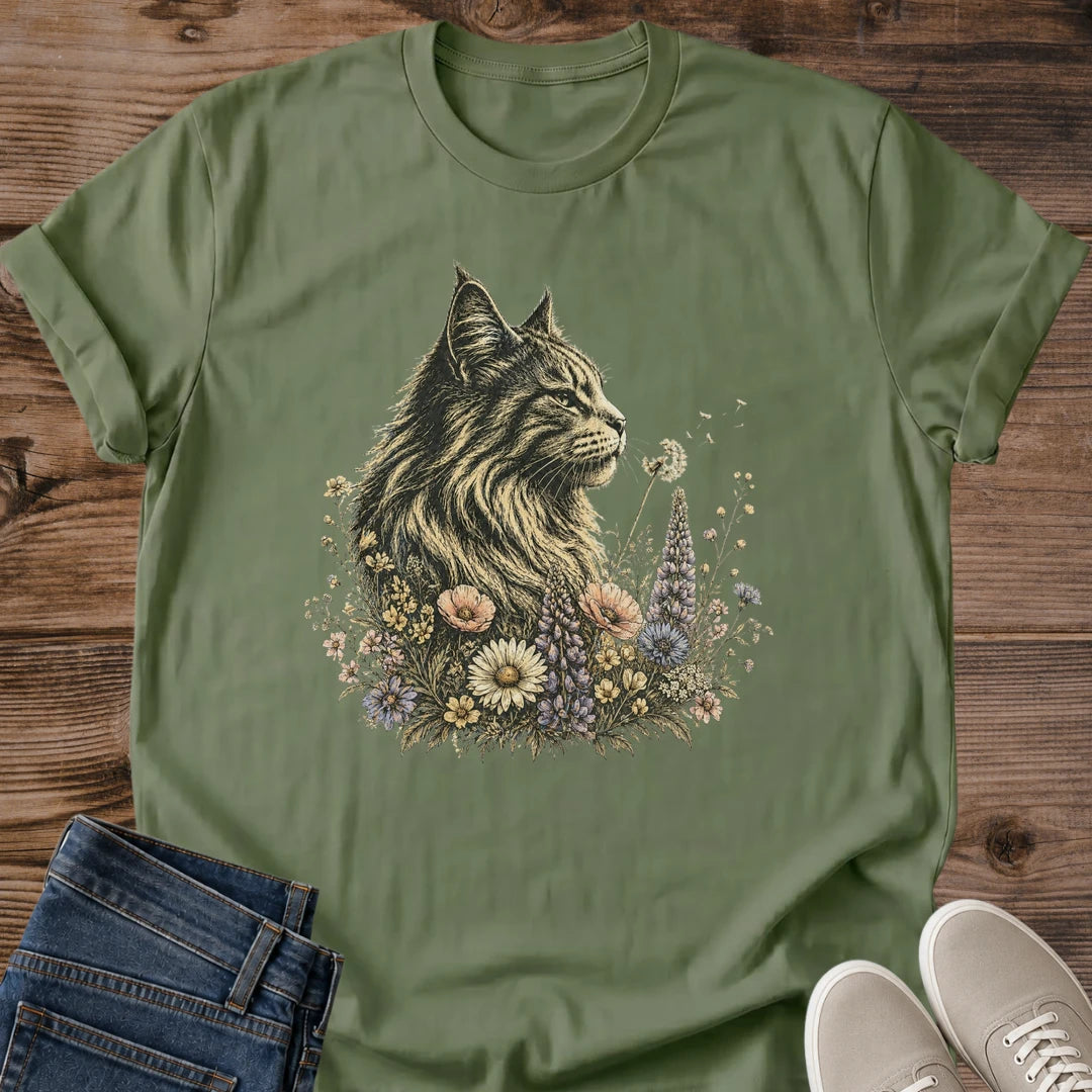 Botanical Cat Shirt Wildflower Cat Tee Majestic Fluffy Cat Among Daisies Lavender And Wildflowers Illustration Soft Muted Floral Art Nature Lover Shirt Cat Owner Gift For Her Cat Dad Tee Soft Cotton Unisex Shirt Cat Whisker Co