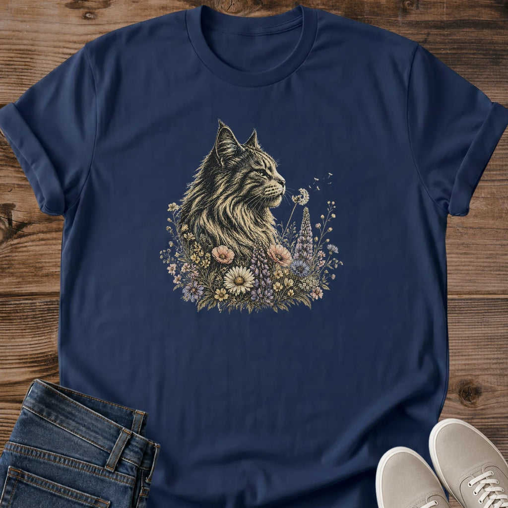 Floral Botanical Design Cat Illustration Shirt Long Haired Feline Artwork Wildflower Nature Frame Soft Cotton Tee Breathable Comfortable Fabric Crew Neck Classic Style Perfect Gift Cat Lover Animal Owner Present Casual Everyday Wear