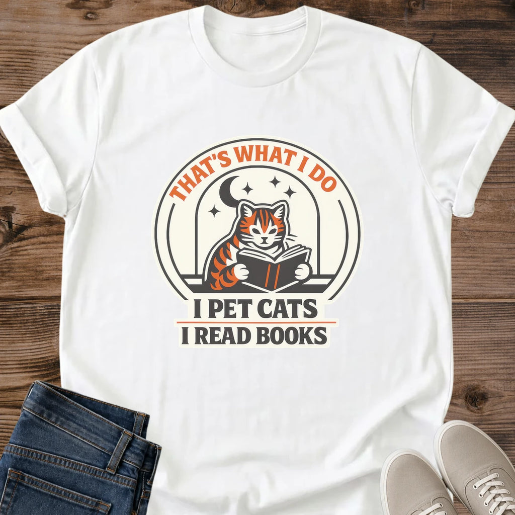 Soft Breathable Tee Cat Reading Design Book Lover Shirt Comfortable Casual Wear Lightweight Cotton Fabric Fitted Shoulders Style Cozy Reading Outfit Literary Theme Graphic Natural Tones Design Tabby Cat Scene Perfect Gift Bookish Apparel