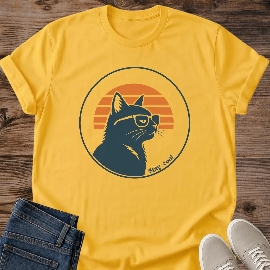 Sunset Design Tshirt Vintage Cat Graphic Retro Stripe Pattern Lightweight Cotton Shirt Comfortable Casual Wear Bespectacled Cat Silhouette Crew Neck Style Soft Fabric Essential Cat Lover Gift Daily Wear Apparel Relaxed Fit Design Versatile