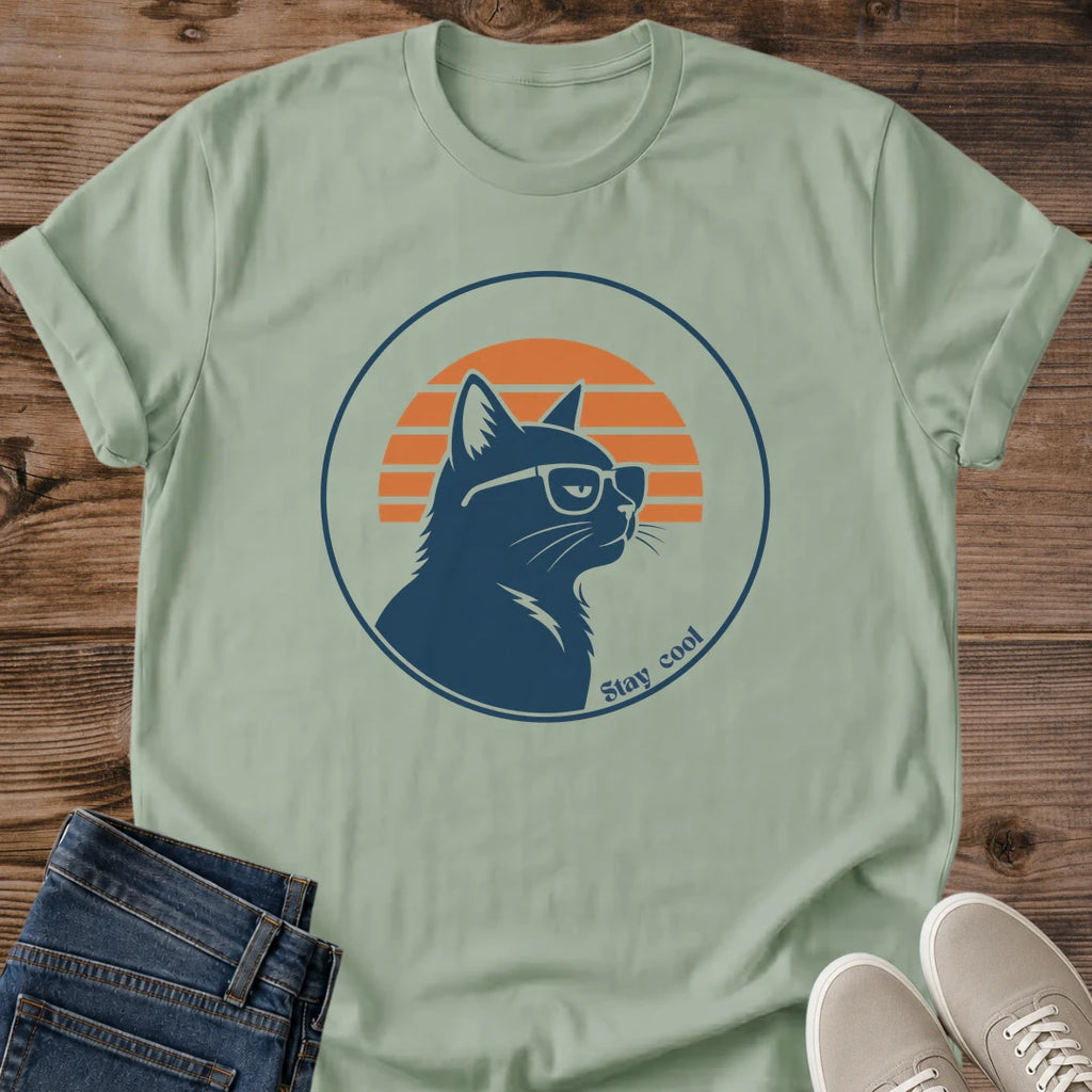 Vintage Retro Tshirt Cat Graphic Design Sunset Stripe Pattern Lightweight Cotton Shirt Comfortable Casual Wear Bespectacled Cat Silhouette Crew Neck Style Soft Fabric Essential Daily Tee Cat Lover Apparel Relaxed Fit Design Versatile