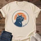 Cat Graphic Tshirt Vintage Retro Sunset Design Perfect Cat Lover Gift Lightweight Cotton Fabric Comfortable Daily Wear Bespectacled Cat Silhouette Warm Stripe Pattern Casual Crew Neck Style Soft Material Essential Relaxed Fit Everyday
