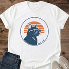 Cat Lover Tshirt Graphic Design Vintage Retro Style Sunset Stripe Pattern Comfortable Cotton Fabric Daily Wear Essential Bespectacled Cat Silhouette Casual Crew Neck Shirt Soft Lightweight Material Perfect Gift Idea Relaxed Everyday Apparel