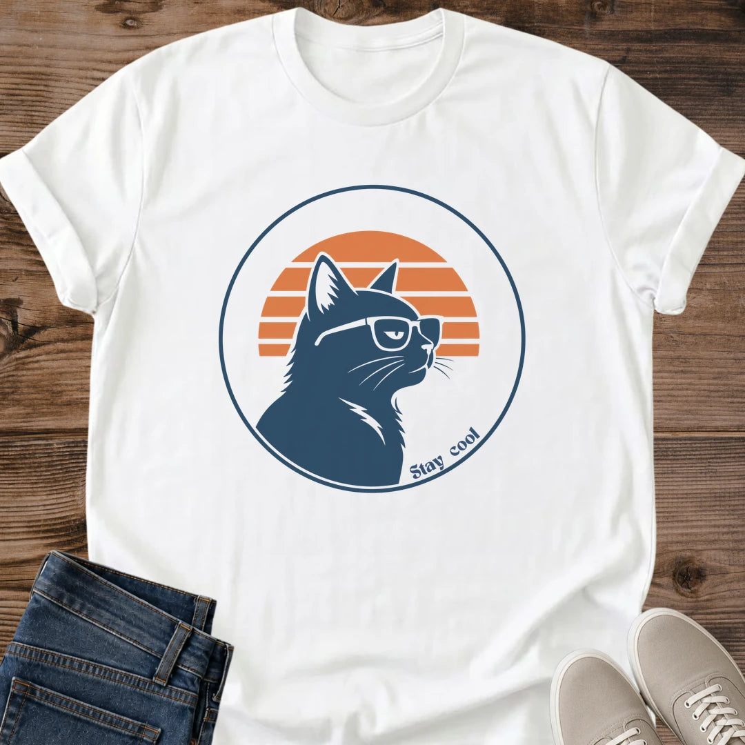 Cat Lover Tshirt Graphic Design Vintage Retro Style Sunset Stripe Pattern Comfortable Cotton Fabric Daily Wear Essential Bespectacled Cat Silhouette Casual Crew Neck Shirt Soft Lightweight Material Perfect Gift Idea Relaxed Everyday Apparel