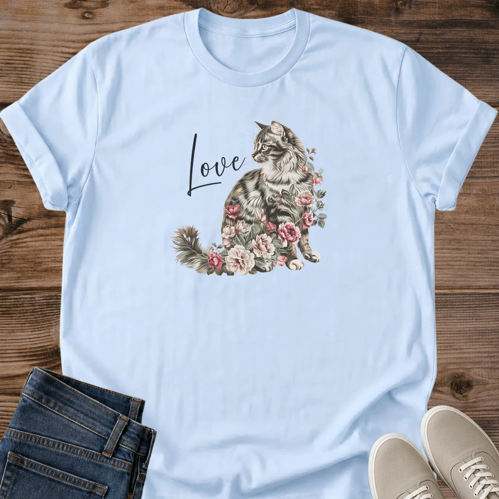 Soft Cotton Cat Shirt Watercolor Kitten Design Rose Floral Pattern Graphic Tee Women Casual Everyday Wear Comfortable Lightweight Fabric Cat Lover Apparel Pet Owner Gift Feminine Art Style Relaxed Home Outfit Coffee Shop Fashion Beautiful