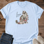 Soft Cotton Cat Shirt Watercolor Kitten Design Rose Floral Pattern Graphic Tee Women Casual Everyday Wear Comfortable Lightweight Fabric Cat Lover Apparel Pet Owner Gift Feminine Art Style Relaxed Home Outfit Coffee Shop Fashion Beautiful