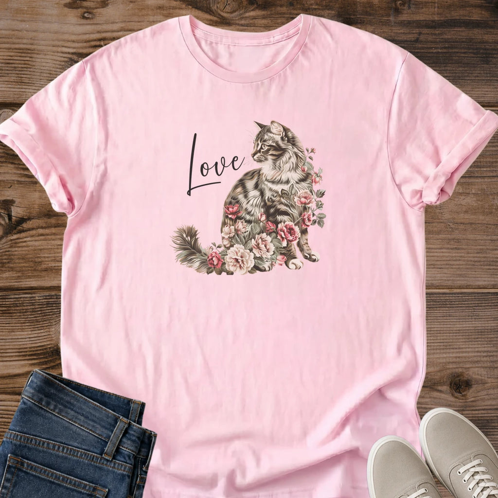 Cat Lover Gift Shirt Watercolor Rose Design Soft Kitten Graphic Tee Floral Cat Apparel Casual Everyday Wear Lightweight Cotton Fabric Comfortable Crew Neck Style Feminine Pet Owner Clothing Animal Enthusiast Top Relaxed Home Outfit Coffee