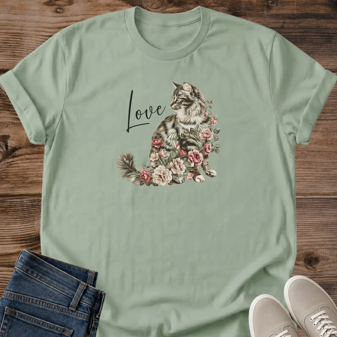 Watercolor Cat Design Tee Soft Rose Floral Pattern Kitten Lover Shirt Casual Graphic Apparel Lightweight Cotton Fabric Comfortable Everyday Wear Feminine Art Style Cat Mom Gift Present Pet Owner Clothing Relaxed Day Outfit Cozy Home Fashion