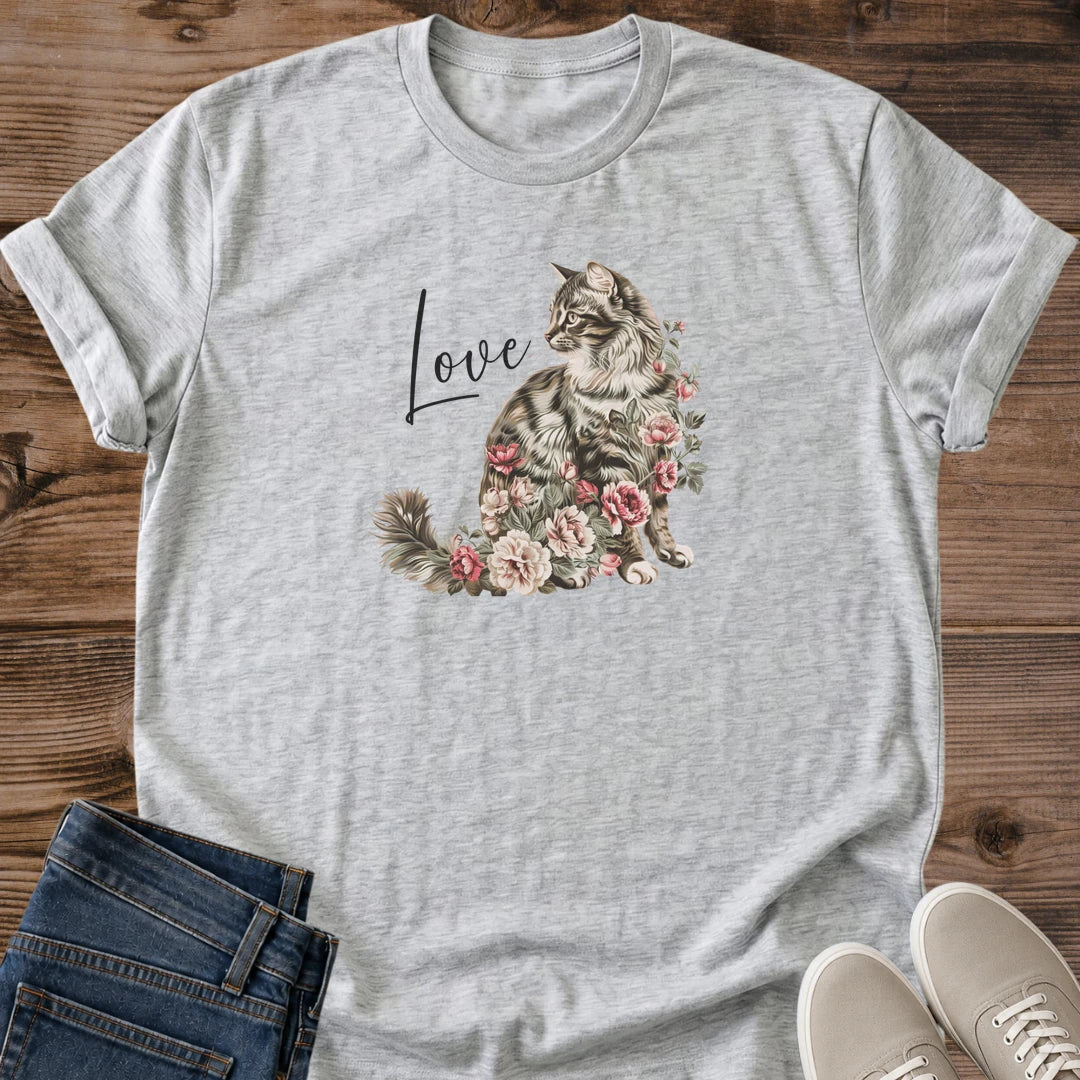 Graphic Tee Cat Lover Design Soft Watercolor Kitten Pattern Rose Floral Art Shirt Casual Everyday Wear Lightweight Cotton Fabric Comfortable Women Apparel Pet Owner Gift Fashion Feminine Style Cat Enthusiast Clothing Relaxed Home Outfit