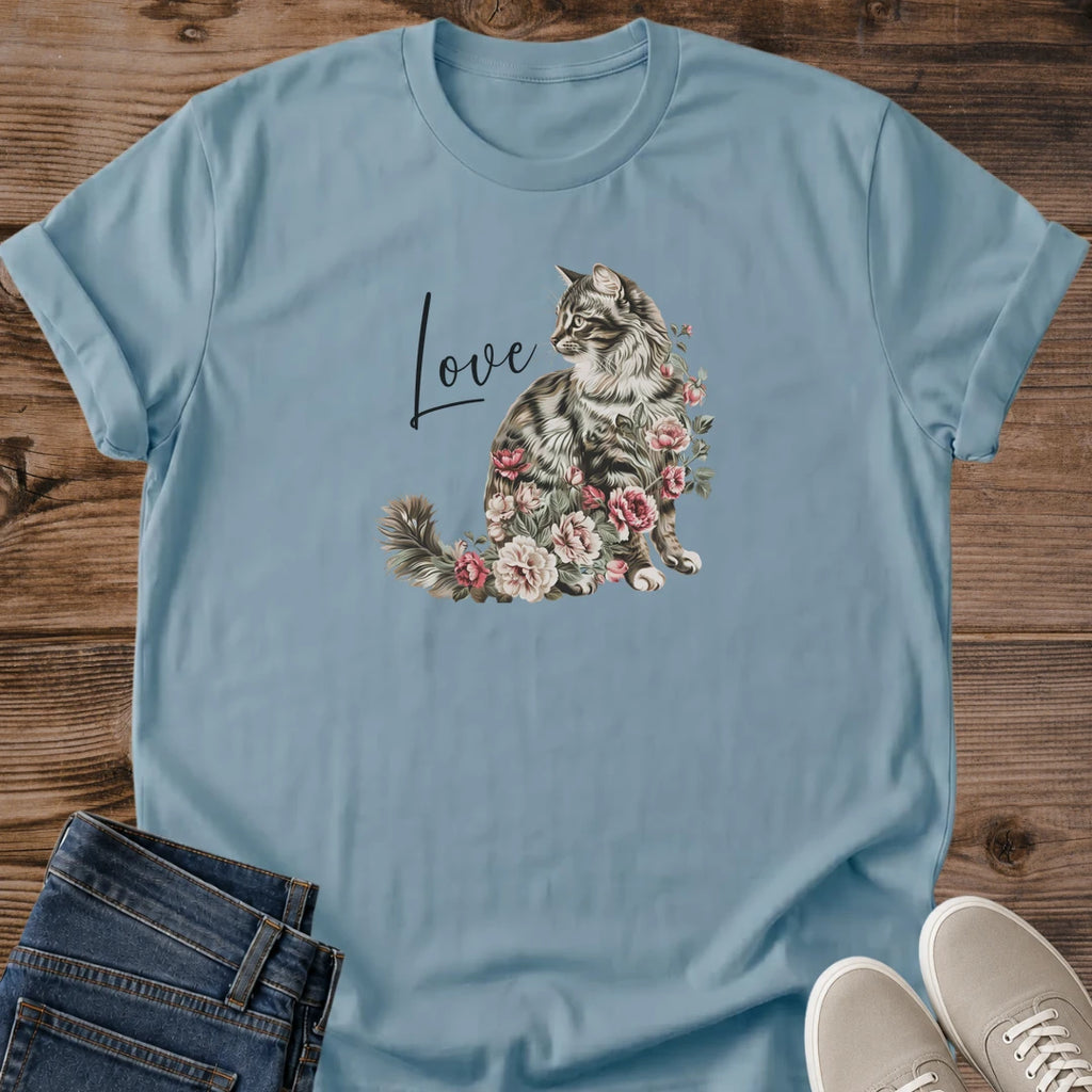 Floral Cat Graphic Tee Watercolor Rose Design Soft Kitten Lover Shirt Casual Cotton Apparel Lightweight Everyday Wear Comfortable Crew Neck Cat Mom Gift Present Pet Owner Clothing Feminine Art Pattern Relaxed Day Outfit Beautiful Animal