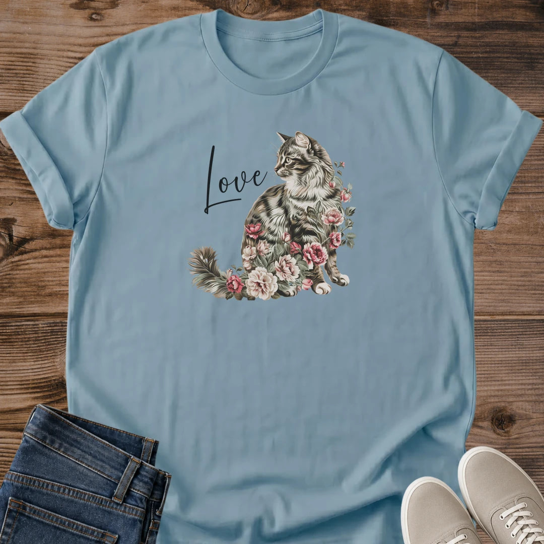 Floral Cat Graphic Tee Watercolor Rose Design Soft Kitten Lover Shirt Casual Cotton Apparel Lightweight Everyday Wear Comfortable Crew Neck Cat Mom Gift Present Pet Owner Clothing Feminine Art Pattern Relaxed Day Outfit Beautiful Animal