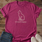 Cat Graphic Tee Minimalist Design Simple Line Drawing Illustration Soft Cotton Shirt Comfortable Casual Wear Perfect Cat Lover Gift Good Company Text Phrase Lightweight Fabric Crew Neck Style Everyday Essential Cozy Home Fashion Relaxed