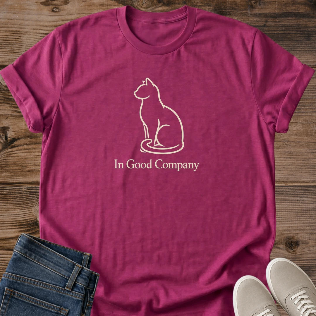Cat Graphic Tee Minimalist Design Simple Line Drawing Illustration Soft Cotton Shirt Comfortable Casual Wear Perfect Cat Lover Gift Good Company Text Phrase Lightweight Fabric Crew Neck Style Everyday Essential Cozy Home Fashion Relaxed