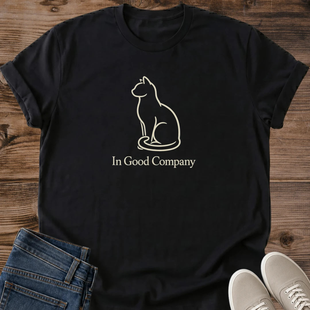 Cat Lover Gift Shirt Minimalist Design Soft Cotton Tee Perfect Present For Cat Owner Comfortable Casual Wear Simple Line Drawing Illustration Good Company Text Phrase Lightweight Breathable Fabric Crew Neck Style Everyday Fashion Essential