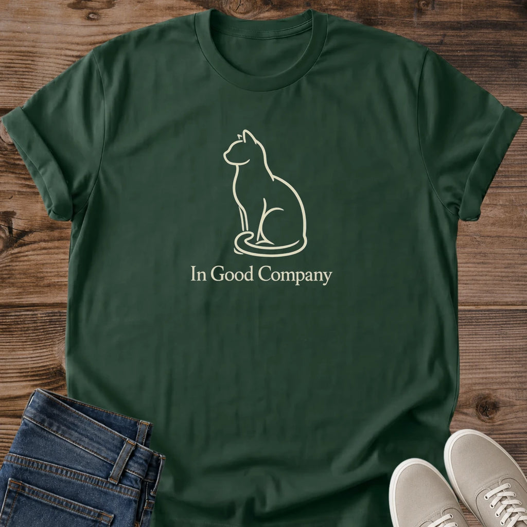 Soft Cotton Cat Tee Comfortable Everyday Wear Minimalist Line Drawing Design Perfect Gift For Cat Lover Lightweight Breathable Fabric Simple Graphic Shirt Good Company Text Phrase Casual Style Essential Crew Neck Fit Cozy Weekend Outfit
