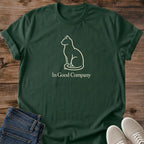 Soft Cotton Cat Tee Comfortable Everyday Wear Minimalist Line Drawing Design Perfect Gift For Cat Lover Lightweight Breathable Fabric Simple Graphic Shirt Good Company Text Phrase Casual Style Essential Crew Neck Fit Cozy Weekend Outfit