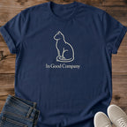 Minimalist Cat Shirt Simple Line Drawing Design Soft Cotton Graphic Tee Comfortable Casual Wear Perfect Cat Lover Gift Lightweight Breathable Fabric Good Company Text Phrase Crew Neck Style Everyday Essential Cozy Fashion Choice Relaxed