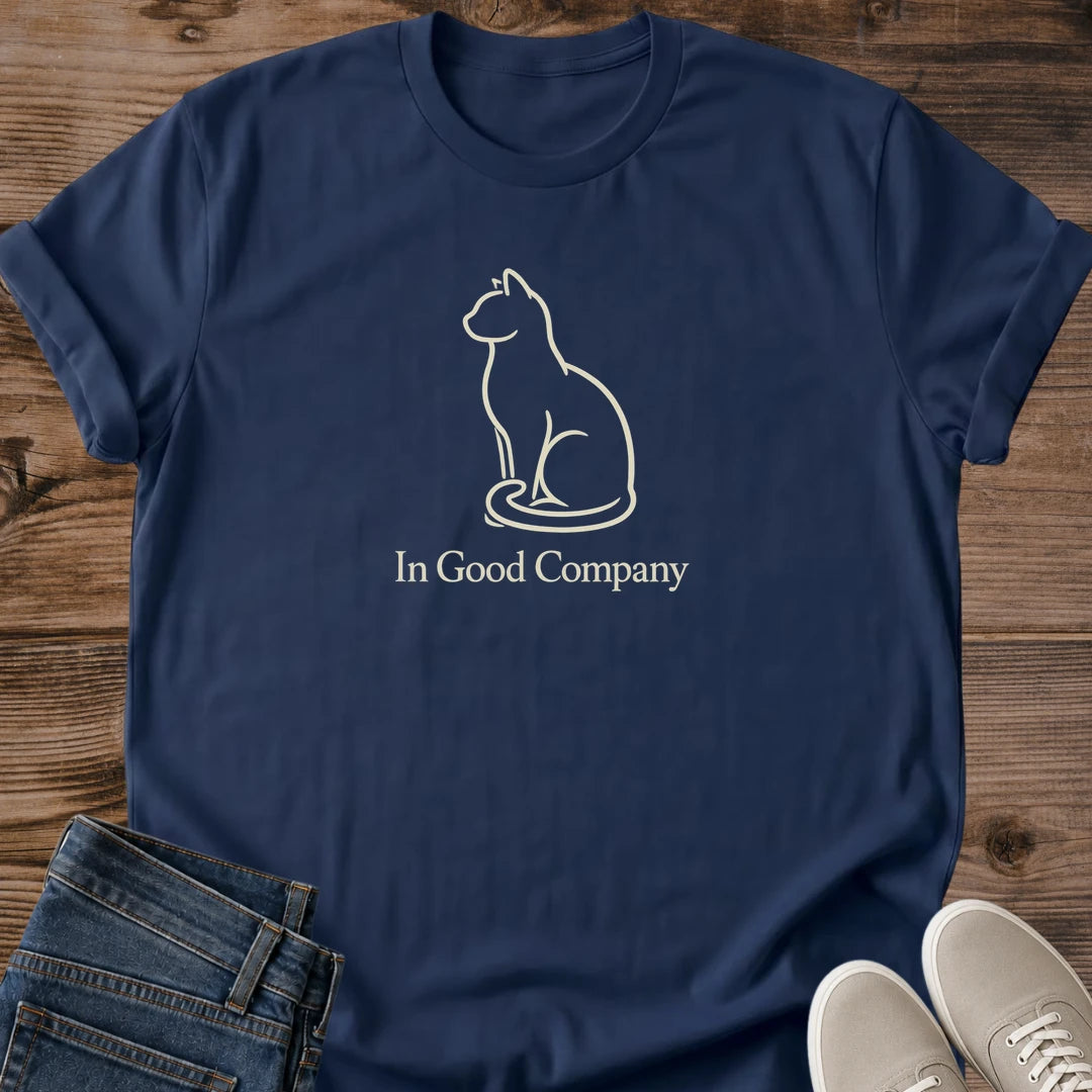 Minimalist Cat Shirt Simple Line Drawing Design Soft Cotton Graphic Tee Comfortable Casual Wear Perfect Cat Lover Gift Lightweight Breathable Fabric Good Company Text Phrase Crew Neck Style Everyday Essential Cozy Fashion Choice Relaxed