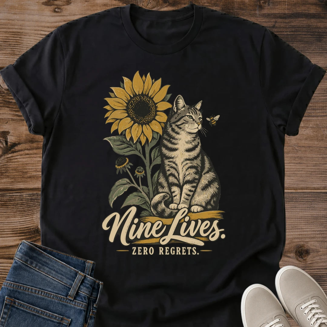 Cat Lover Gift Shirt Soft Graphic Tee Vintage Sunflower Design Comfortable Cottagecore Fashion Tabby Cat Illustration Hand Drawn Artwork Breathable Cotton Fabric Relaxed Casual Wear Faded Print Style Warm Color Palette Perfect Animal Lover