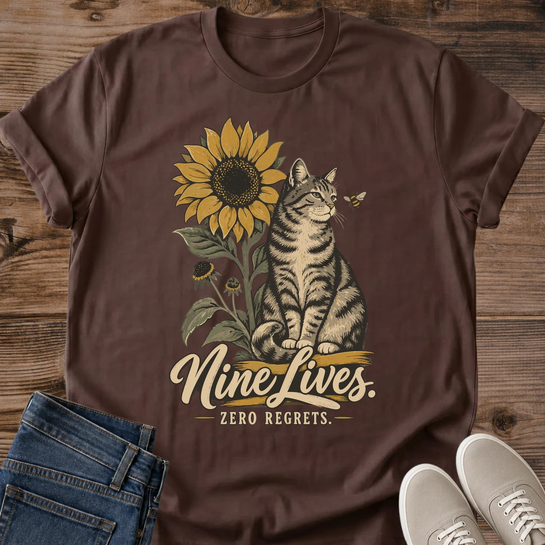 Vintage Cat Sunflower Shirt Cottagecore Design Soft Graphic Tee Comfortable Cotton Blend Fabric Tabby Cat Illustration Hand Drawn Artwork Warm Color Palette Faded Print Effect Relaxed Fit Style Perfect Cat Lover Gift Casual Everyday Wear