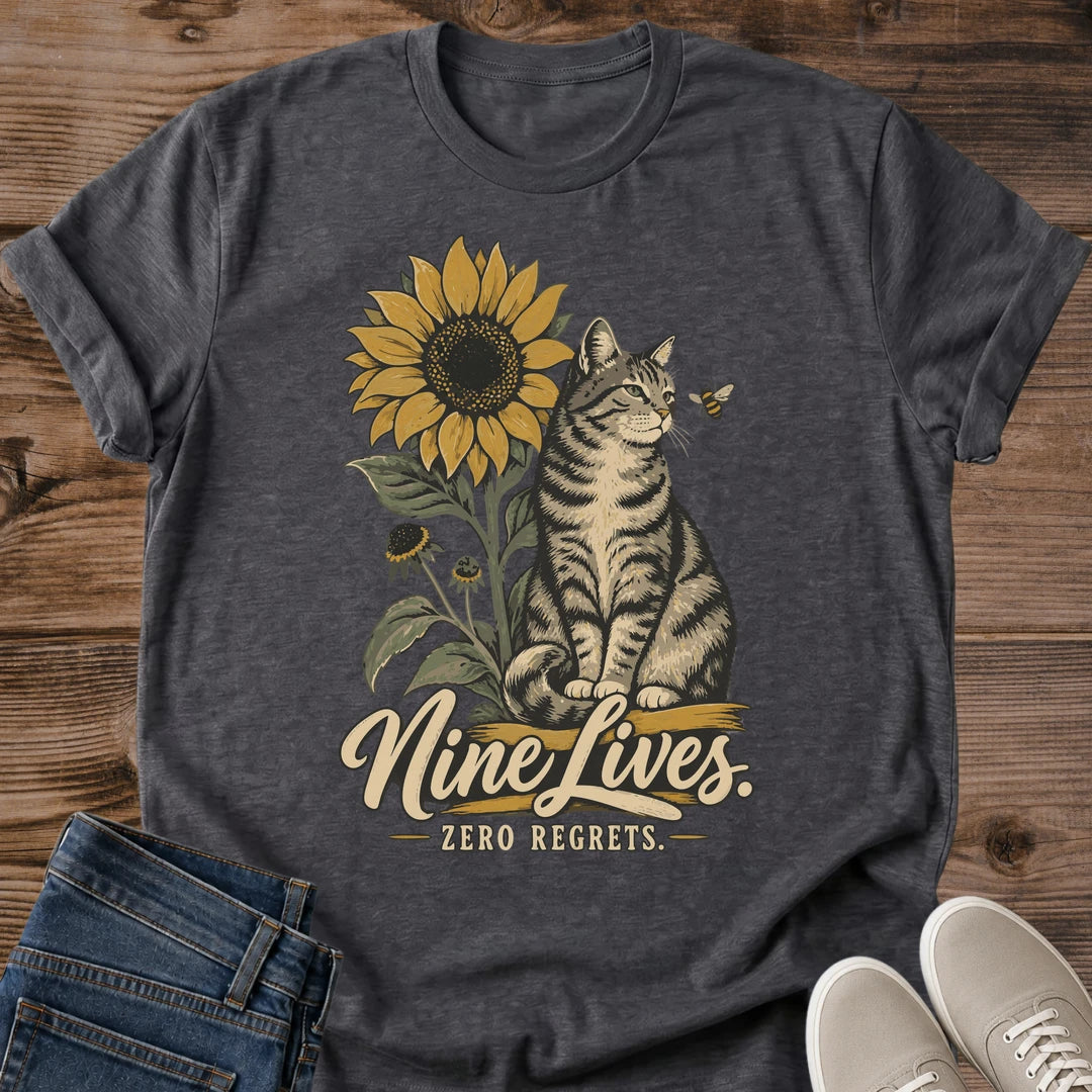 Sunflower Graphic Tee Vintage Cat Design Soft Cottagecore Shirt Comfortable Cotton Blend Fabric Nature Inspired Fashion Hand Drawn Tabby Cat Illustration Warm Faded Print Style Relaxed Fit Clothing Perfect Cat Lover Gift Casual Everyday