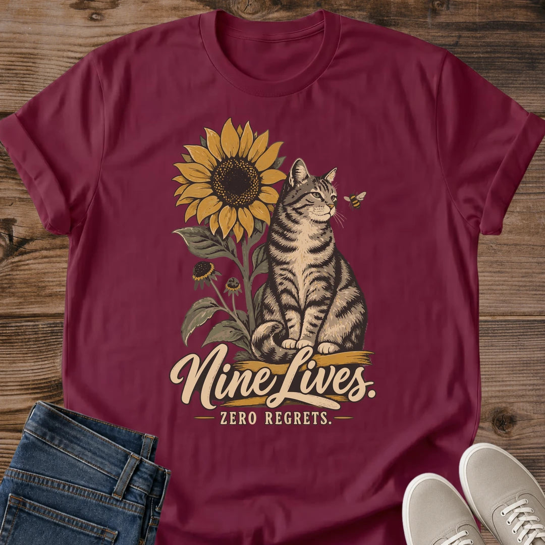 Soft Cotton Tee Comfortable Graphic Shirt Vintage Cat Sunflower Design Cottagecore Fashion Style Hand Drawn Tabby Illustration Faded Print Effect Warm Color Palette Relaxed Casual Wear Perfect Cat Lover Gift Nature Inspired Apparel