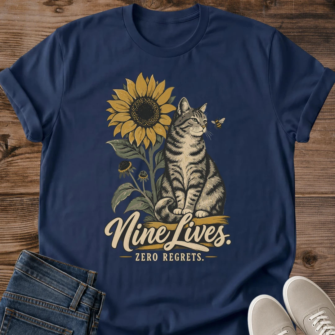 Graphic Tee Vintage Design Cat Sunflower Shirt Soft Cottagecore Fashion Comfortable Casual Wear Hand Drawn Tabby Illustration Faded Print Effect Warm Color Palette Relaxed Cotton Fabric Perfect Cat Lover Gift Nature Inspired Apparel