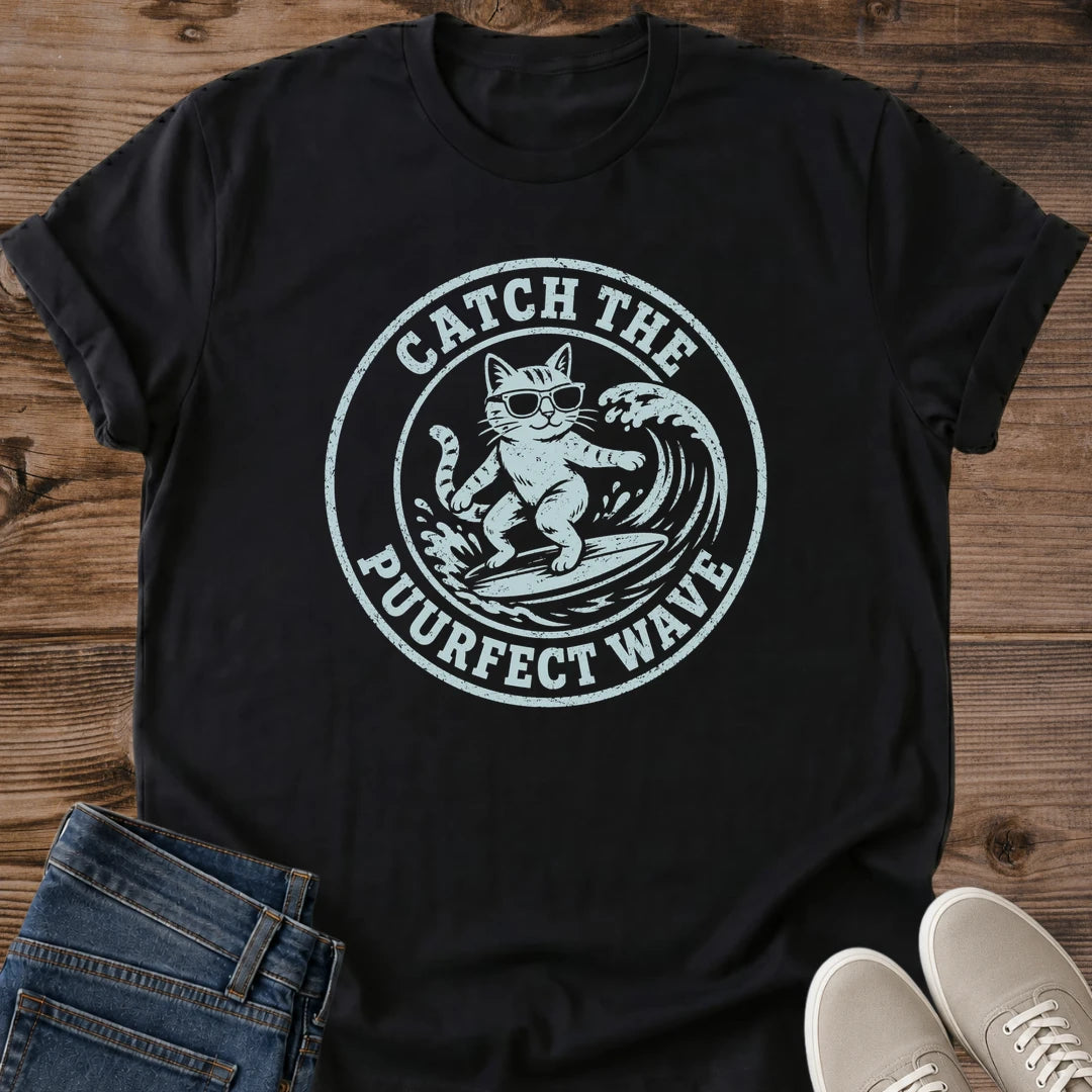 Casual Cotton Tee Cat Surfing Graphic Design Vintage Retro Beach Style Relaxed Crew Neck Shirt Lightweight Ring Spun Fabric Soft Comfortable Feel Everyday Wear Essential Layering Piece Option Funny Animal Design Beach Lifestyle Collection