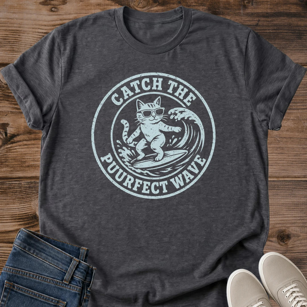 Cat Lover Gift Idea Vintage Surfing Design Graphic Tee Retro Beach Theme Cotton Shirt Relaxed Crew Neck Style Casual Everyday Wear Lightweight Ring Spun Fabric Soft Comfortable Feel Funny Animal Design Beach Lifestyle Essential Summer