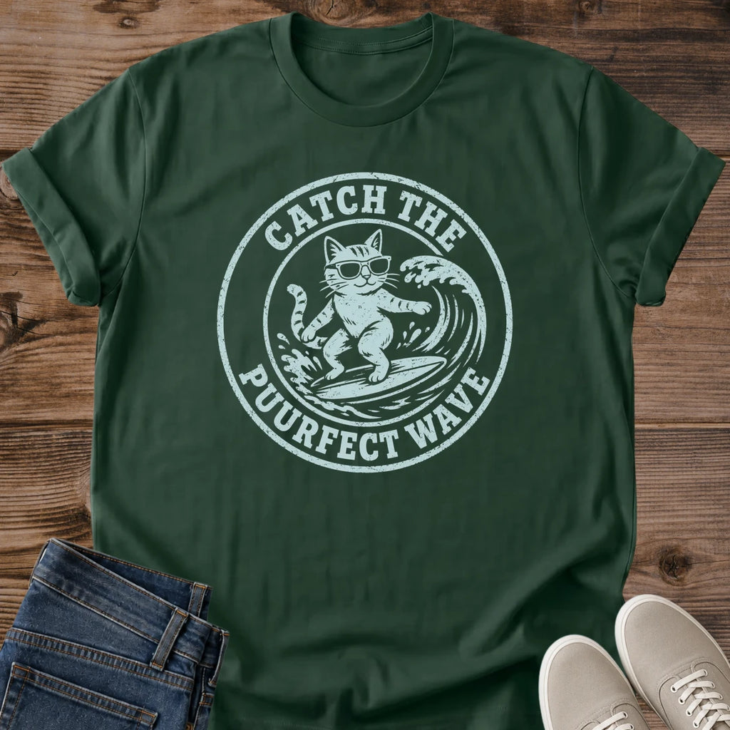 Funny Cat Graphic Tee Vintage Surfing Design Retro Beach Theme Cotton Shirt Novelty Gift Idea Cat Owner Present Relaxed Crew Neck Style Casual Everyday Wear Lightweight Comfortable Fabric Beach Lover Essential Summer Wardrobe Collection