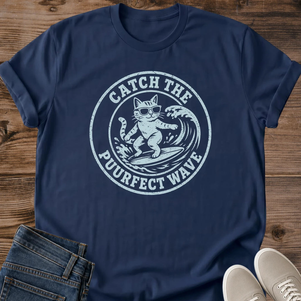 Surf Culture Style Retro Cat Design Graphic Tee Vintage Beach Theme Cotton Shirt Funny Animal Surfing Imagery Relaxed Crew Neck Casual Wear Lightweight Comfortable Fabric Everyday Rotation Essential Beach Lover Gift Idea Summer Outfit