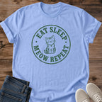 Comfortable Cotton Tee Cat Graphic Design Soft Breathable Shirt Cat Lover Gift Perfect Present Lightweight Casual Wear Meow Repeat Slogan Novelty Cat Collection Relaxed Style Essential Crew Neck Design Cat Owner Present Daily Comfort Wear