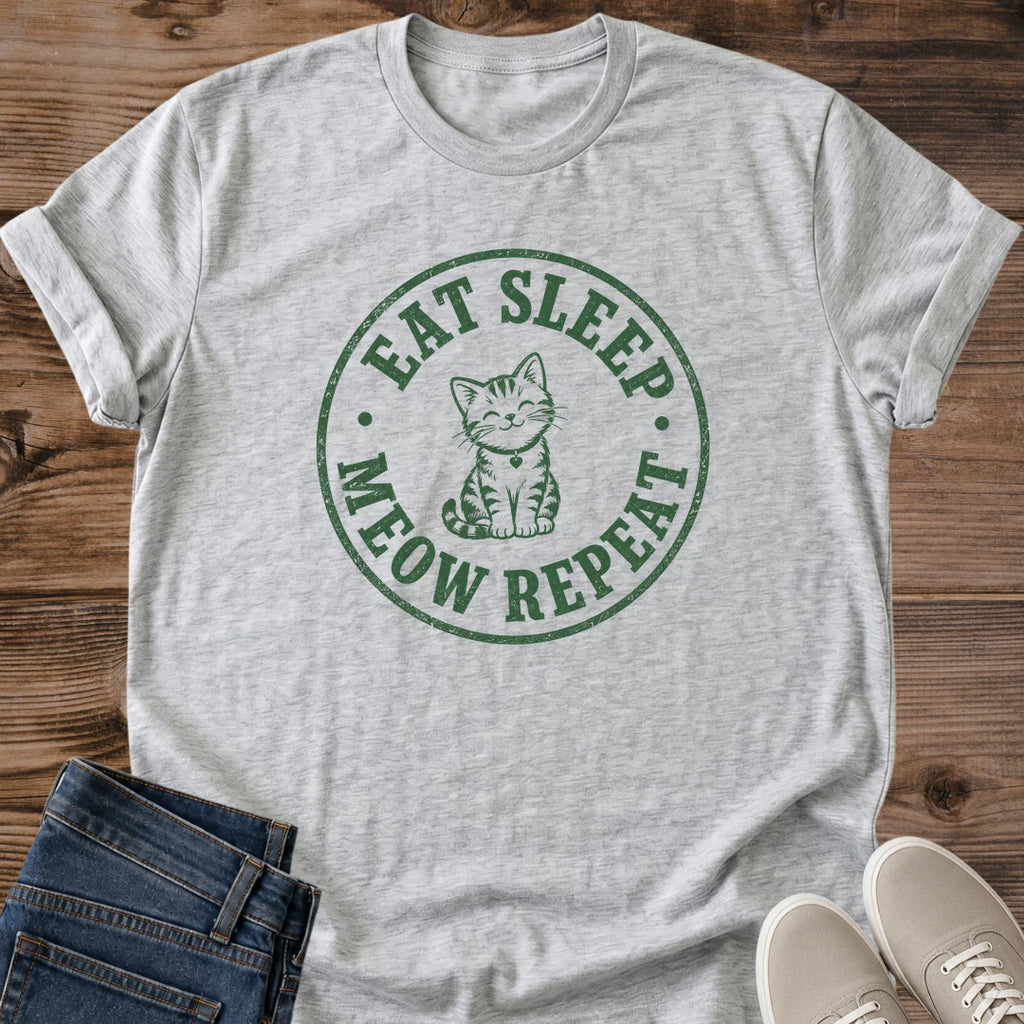 Soft Cotton Shirt Cat Graphic Tee Design Cat Lover Gift Perfect Present Comfortable Breathable Material Lightweight Casual Wear Essential Meow Repeat Slogan Novelty Cat Shirt Relaxed Style Collection Crew Neck Design Everyday Comfort Wear