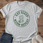 Soft Cotton Shirt Cat Graphic Tee Design Cat Lover Gift Perfect Present Comfortable Breathable Material Lightweight Casual Wear Essential Meow Repeat Slogan Novelty Cat Shirt Relaxed Style Collection Crew Neck Design Everyday Comfort Wear