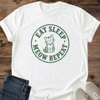 Graphic Cat Tee Soft Cotton Design Cat Lover Present Perfect Gift Collection Comfortable Casual Wear Lightweight Breathable Fabric Meow Repeat Slogan Novelty Statement Shirt Relaxed Style Essential Crew Neck Design Cat Owner Gift Daily