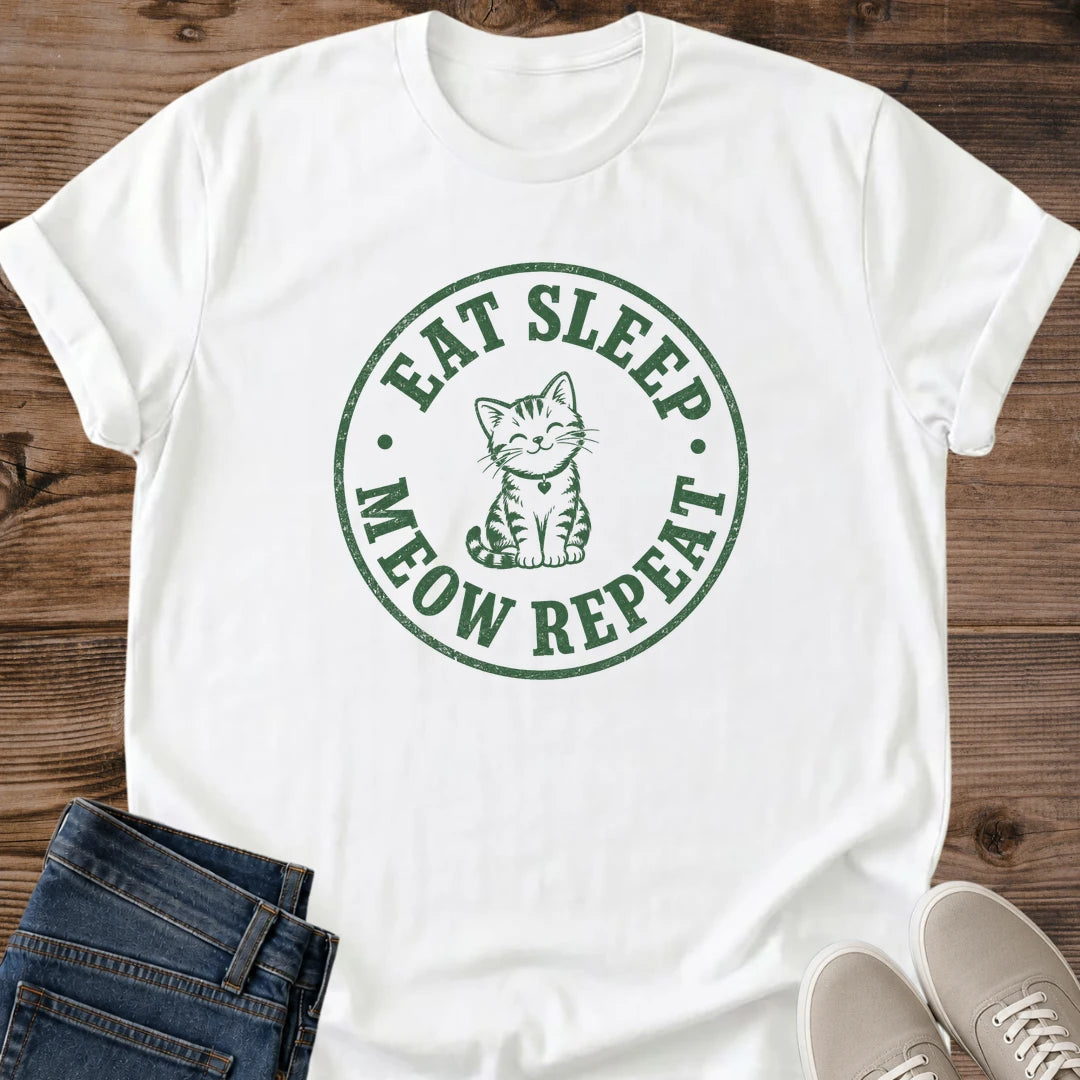 Graphic Cat Tee Soft Cotton Design Cat Lover Present Perfect Gift Collection Comfortable Casual Wear Lightweight Breathable Fabric Meow Repeat Slogan Novelty Statement Shirt Relaxed Style Essential Crew Neck Design Cat Owner Gift Daily