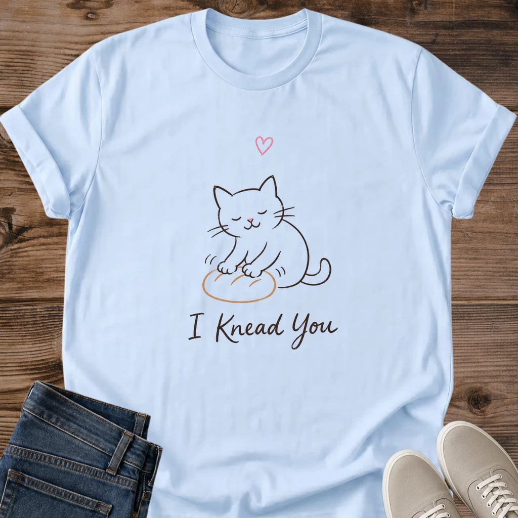 Graphic Tee Shirt Cat Lover Design Soft Cotton Fabric Featuring Cute Kneading Cat Line Art Illustration Whimsical Heart Detail Comfortable Crew Neck Cut Casual Everyday Wear Lightweight Material Perfect Cat Owner Gift Feline Enthusiast