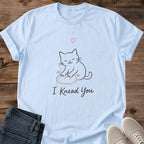 Graphic Tee Shirt Cat Lover Design Soft Cotton Fabric Featuring Cute Kneading Cat Line Art Illustration Whimsical Heart Detail Comfortable Crew Neck Cut Casual Everyday Wear Lightweight Material Perfect Cat Owner Gift Feline Enthusiast