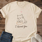 Cat Owner Gift Shirt Feline Lover Apparel Featuring Cute Kneading Cat Illustration Line Art Design Soft Ring Spun Cotton Fabric Comfortable Crew Neck Tee Whimsical Heart Detail Casual Everyday Wear Lightweight Material Perfect Animal Lover