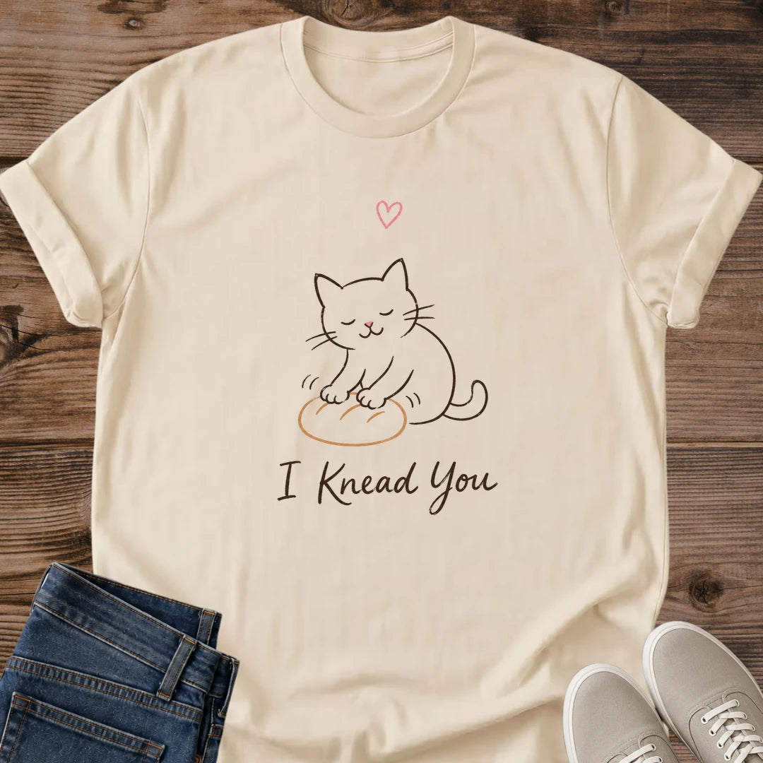 Cat Owner Gift Shirt Feline Lover Apparel Featuring Cute Kneading Cat Illustration Line Art Design Soft Ring Spun Cotton Fabric Comfortable Crew Neck Tee Whimsical Heart Detail Casual Everyday Wear Lightweight Material Perfect Animal Lover