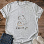 Soft Cotton Tee Shirt Comfortable Casual Wear Featuring Whimsical Kneading Cat Line Art Design Cute Feline Illustration With Heart Detail Lightweight Ring Spun Cotton Fabric Classic Crew Neck Style Perfect Cat Lover Gift Animal Enthusiast