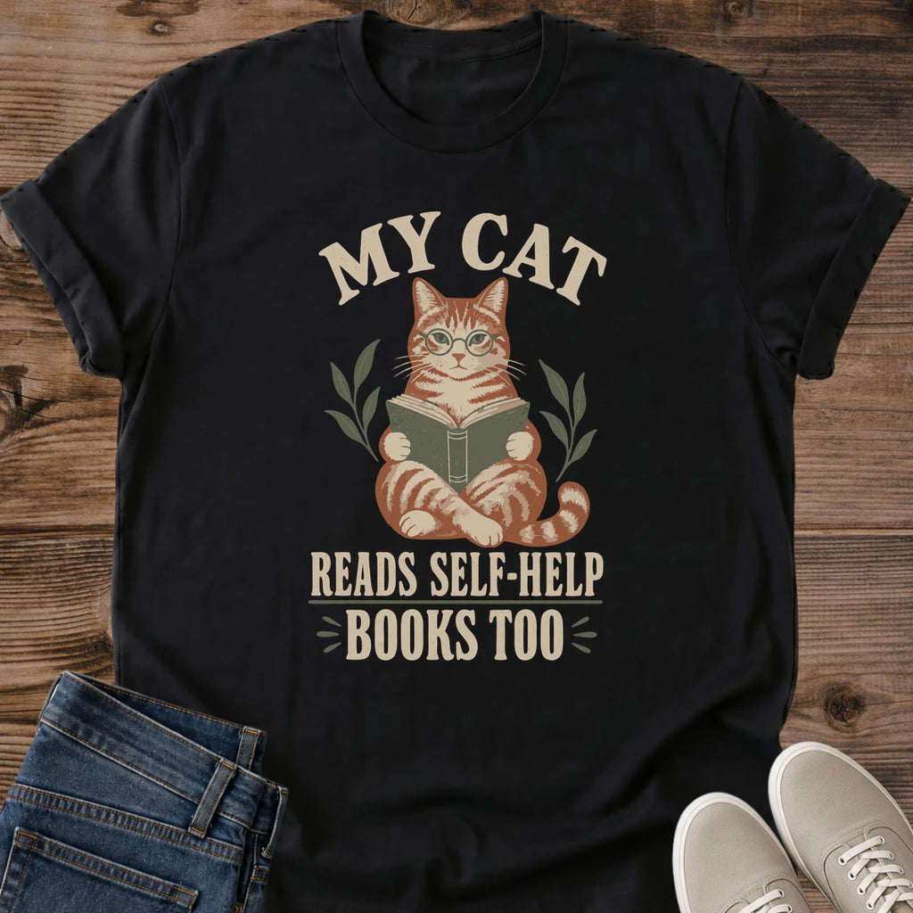 Casual Cat Tee Book Lover Shirt Reading Design Cotton Graphic Vintage Tabby Cat Holding Book Illustration MY CAT Text Retro Cozy Style Perfect Gift Cat Owner Present Bookworm Literary Enthusiast Comfortable Home Wear Cream Lettering Leafy