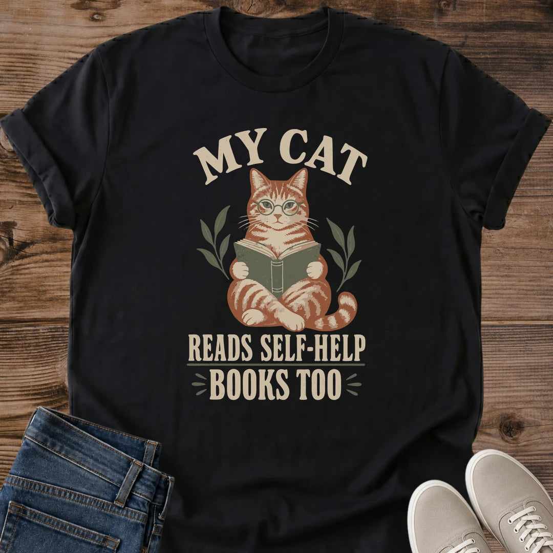 Casual Cat Tee Book Lover Shirt Reading Design Cotton Graphic Vintage Tabby Cat Holding Book Illustration MY CAT Text Retro Cozy Style Perfect Gift Cat Owner Present Bookworm Literary Enthusiast Comfortable Home Wear Cream Lettering Leafy